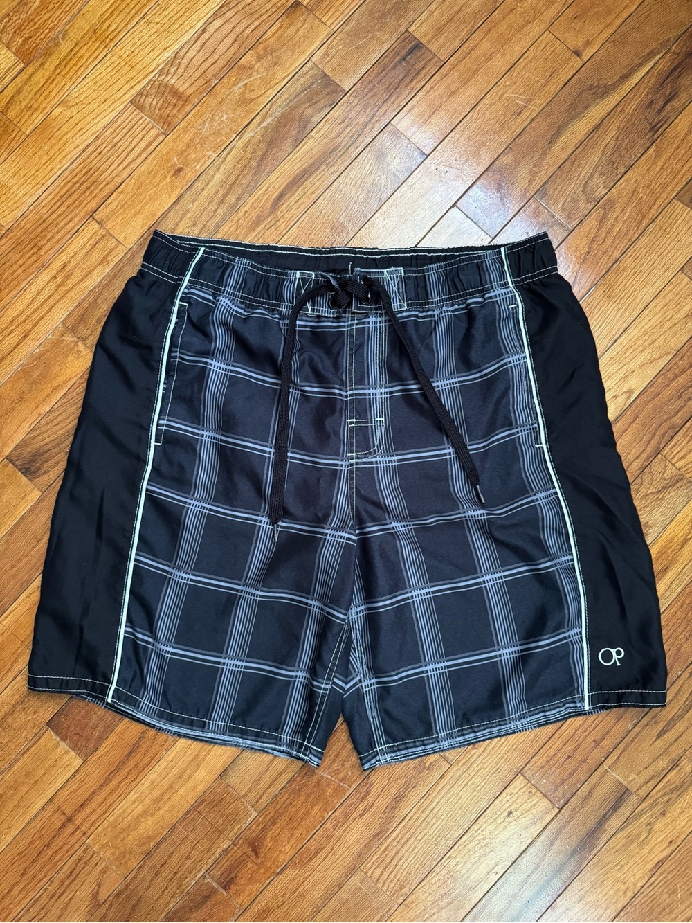 OP Men’s Black Plaid Swim Trunks with White Grid